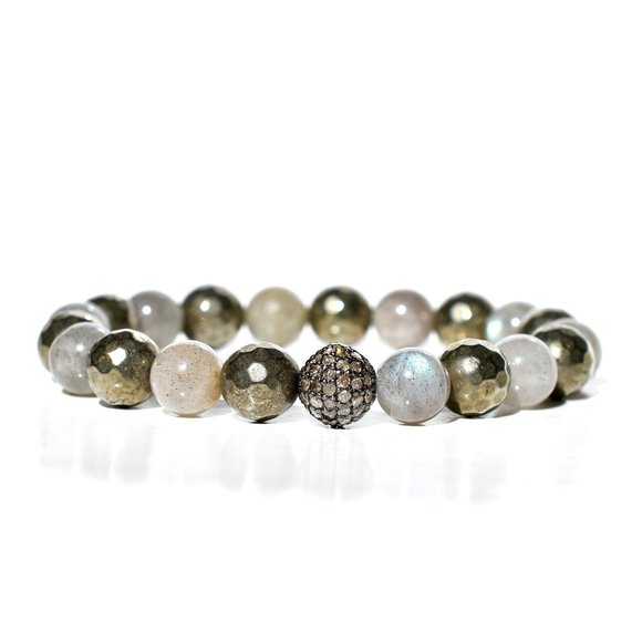 925 Sterling Silver Rose Cut Natural Diamond/Labradorite Pyrite Stretch Bracelet - Picture 3 of 5